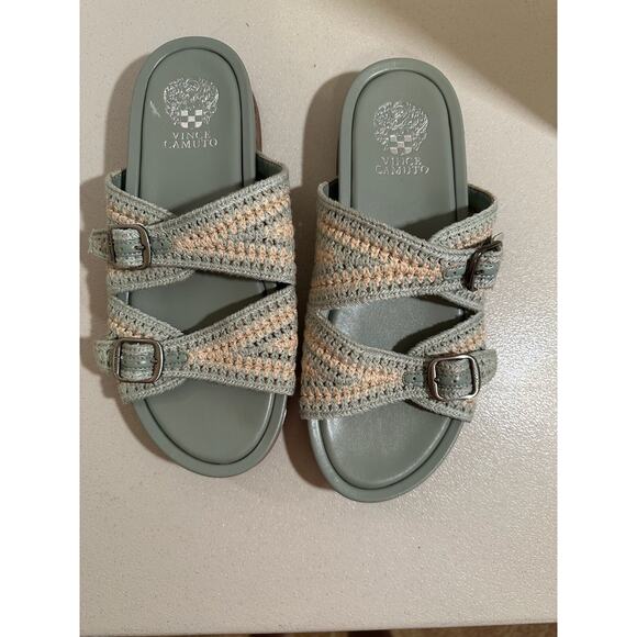 Vince Camuto Women's Sage Green Crochet Double Strap Slide Sandals Buckle Size 9 - Picture 3 of 9